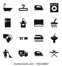 16 vector icon set : bath, hanger, iron, washing machine, fridge, apron, sponge, vacuum cleaner, wiping, drying clothe, brush, water tap sink, brooming, home call cleaning, iron board