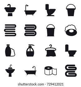 16 vector icon set : bath, toilet, bucket, towels, towel, soap, shampoo, liquid soap, hanger, water tap sink, toilet paper, stack of towels