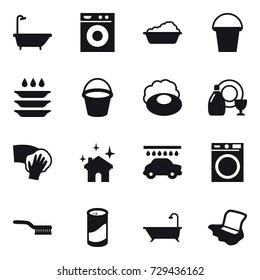 16 vector icon set : bath, washing machine, washing, bucket, plate washing, soap, dish cleanser, wiping, house cleaning, car wash, brush, cleanser powder, floor washing