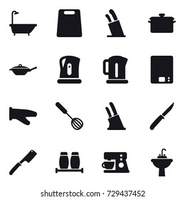 16 vector icon set : bath, cutting board, stands for knives, pan, kettle, kitchen scales, cook glove, whisk, knife holder, knife, chef knife, water tap sink