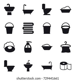 16 vector icon set : bath, toilet, washing, bucket, towels, soap, liquid soap, foam basin, hanger, water tap sink, toilet paper