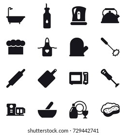 16 vector icon set : bath, kettle, chef  hat, apron, cook glove, whisk, rolling pin, cutting board, mortar, dish cleanser, sponge with foam