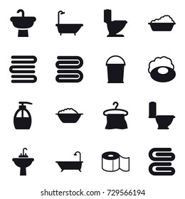 16 vector icon set : bath, toilet, washing, towels, towel, bucket, soap, liquid soap, foam basin, hanger, water tap sink, toilet paper, stack of towels