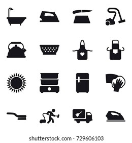 16 vector icon set : bath, iron, cutting board, vacuum cleaner, kettle, kolander, apron, wiping, brush, home call cleaning