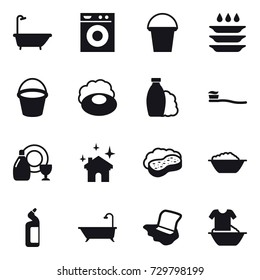 16 vector icon set : bath, washing machine, bucket, plate washing, soap, shampoo, tooth brush, dish cleanser, house cleaning, sponge with foam, foam basin, toilet cleanser, floor washing