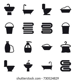 16 vector icon set : bath, toilet, washing, bucket, towels, towel, shampoo, liquid soap, foam basin, hanger, water tap sink, stack of towels