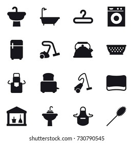 16 vector icon set : bath, hanger, washing machine, fridge, vacuum cleaner, kettle, kolander, apron, sponge, utility room, water tap sink, duster