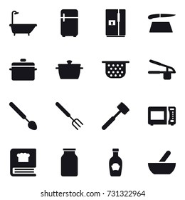 16 vector icon set : bath, fridge, cutting board, pan, colander, garlic clasp, big spoon, big fork, meat hammer, mortar