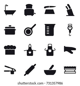 16 vector icon set : bath, toaster, cutting board, stands for knives, pan, measuring cup, handle scales, chef  hat, apron, cook glove, garlic clasp, rolling pin, mortar, sponge