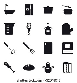 16 vector icon set : bath, fridge, pan, steam pan, measuring cup, handle scales, apron, cook glove, whisk, big fork, cutting board, bread, paper towel