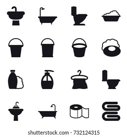 16 vector icon set : bath, toilet, washing, bucket, soap, shampoo, liquid soap, hanger, water tap sink, toilet paper, stack of towels