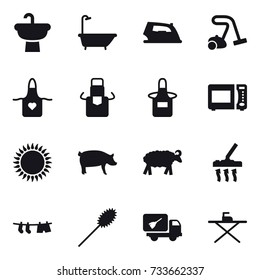 16 vector icon set : bath, iron, vacuum cleaner, apron, pig, sheep, drying clothe, duster, home call cleaning, iron board