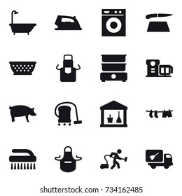16 vector icon set : bath, iron, washing machine, cutting board, kolander, apron, pig, vacuum cleaner, utility room, drying clothe, brush, home call cleaning