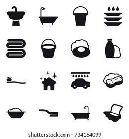 16 vector icon set : bath, bucket, plate washing, towel, soap, shampoo, tooth brush, house cleaning, car wash, sponge with foam, foam basin, brush, floor washing