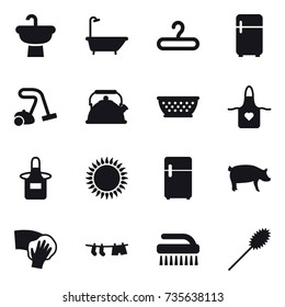 16 vector icon set : bath, hanger, fridge, vacuum cleaner, kettle, kolander, apron, pig, wiping, drying clothe, brush, duster