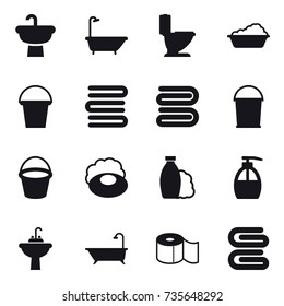 16 vector icon set : bath, toilet, washing, bucket, towels, towel, soap, shampoo, liquid soap, water tap sink, toilet paper, stack of towels