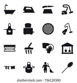 16 vector icon set : bath, iron, cutting board, vacuum cleaner, apron, sponge, wiping, utility room, drying clothe, brooming, duster