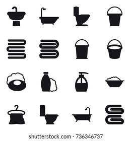 16 vector icon set : bath, toilet, bucket, towel, soap, shampoo, liquid soap, foam basin, hanger, stack of towels