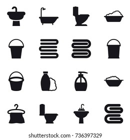 16 vector icon set : bath, toilet, washing, bucket, towels, towel, shampoo, liquid soap, foam basin, hanger, water tap sink, stack of towels
