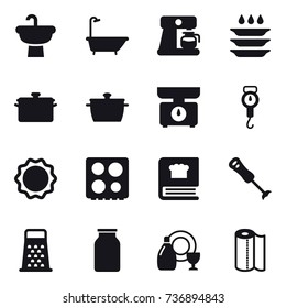 16 vector icon set : bath, coffee maker, plate washing, pan, kitchen scales, handle scales, dish cleanser, paper towel