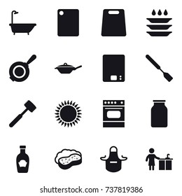 16 vector icon set : bath, cutting board, plate washing, pan, kitchen scales, spatula, meat hammer, sponge with foam, apron, kitchen cleaning