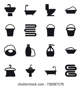 16 vector icon set : bath, toilet, washing, bucket, towels, soap, shampoo, liquid soap, foam basin, hanger, water tap sink, stack of towels