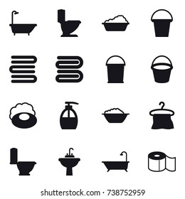 16 vector icon set : bath, toilet, washing, bucket, towels, towel, soap, liquid soap, foam basin, hanger, water tap sink, toilet paper