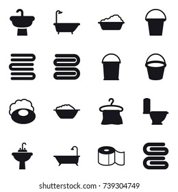 16 vector icon set : bath, washing, bucket, towels, towel, soap, foam basin, hanger, toilet, water tap sink, toilet paper, stack of towels