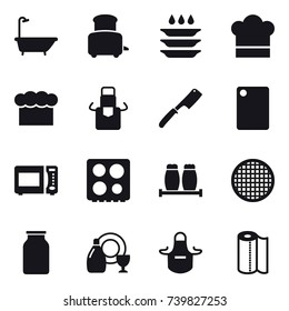 16 vector icon set : bath, toaster, plate washing, cook hat, chef  hat, apron, chef knife, cutting board, dish cleanser, paper towel