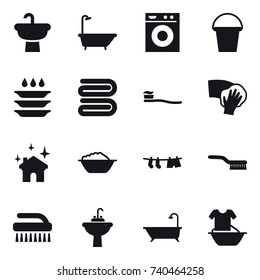 16 vector icon set : bath, washing machine, bucket, plate washing, towel, tooth brush, wiping, house cleaning, foam basin, drying clothe, brush, water tap sink, handle washing