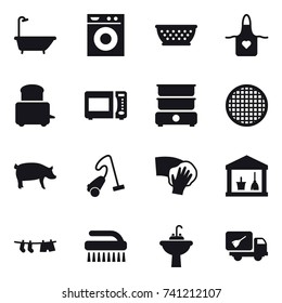 16 vector icon set : bath, washing machine, kolander, apron, pig, vacuum cleaner, wiping, utility room, drying clothe, brush, water tap sink, home call cleaning