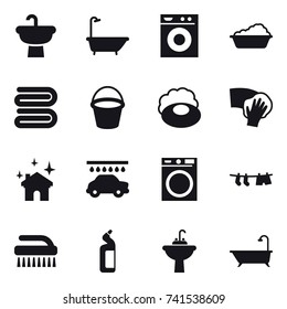 16 vector icon set : bath, washing machine, washing, towel, bucket, soap, wiping, house cleaning, car wash, drying clothe, brush, toilet cleanser, water tap sink