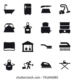 16 vector icon set : bath, fridge, cutting board, vacuum cleaner, kettle, apron, sponge, utility room, brush, iron, iron board
