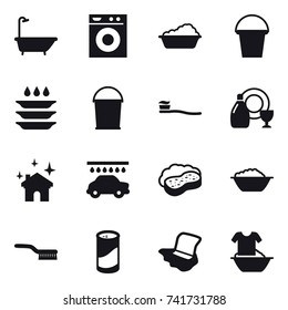 16 vector icon set : bath, washing machine, washing, bucket, plate washing, tooth brush, dish cleanser, house cleaning, car wash, sponge with foam, foam basin, brush, cleanser powder, floor washing