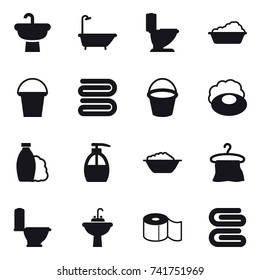 16 vector icon set : bath, toilet, washing, bucket, towel, soap, shampoo, liquid soap, foam basin, hanger, water tap sink, toilet paper, stack of towels