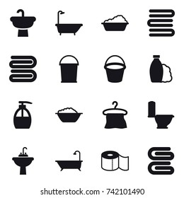 16 vector icon set : bath, washing, towels, towel, bucket, shampoo, liquid soap, foam basin, hanger, toilet, water tap sink, toilet paper, stack of towels