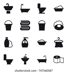 16 vector icon set : bath, toilet, washing, bucket, towel, soap, shampoo, liquid soap, foam basin, hanger, water tap sink, toilet paper