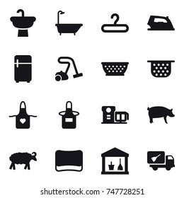 16 vector icon set : bath, hanger, iron, fridge, vacuum cleaner, kolander, colander, apron, pig, sheep, sponge, utility room, home call cleaning