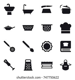 16 vector icon set : bath, cutting board, steam pan, pan, kolander, colander, cook hat, skimmer, big spoon, sponge, apron