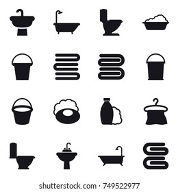 16 vector icon set : bath, toilet, washing, bucket, towels, towel, soap, shampoo, hanger, water tap sink, stack of towels