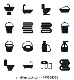 16 vector icon set : bath, toilet, washing, bucket, towels, towel, soap, shampoo, liquid soap, toilet paper, stack of towels