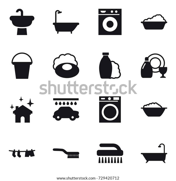 16 vector icon set : bath, washing\
machine, washing, bucket, soap, shampoo, dish cleanser, house\
cleaning, car wash, foam basin, drying clothe,\
brush
