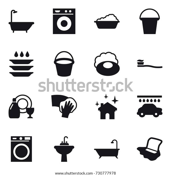 16 vector icon\
set : bath, washing machine, washing, bucket, plate washing, soap,\
tooth brush, dish cleanser, wiping, house cleaning, car wash, water\
tap sink, floor washing