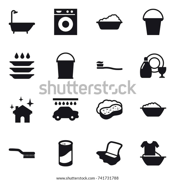 16 vector icon set : bath, washing machine,\
washing, bucket, plate washing, tooth brush, dish cleanser, house\
cleaning, car wash, sponge with foam, foam basin, brush, cleanser\
powder, floor washing