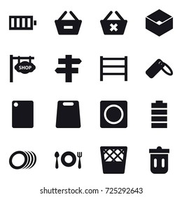16 vector icon set : battery, remove from basket, delete cart, box, shop signboard, singlepost, cutting board, ring button, trash bin
