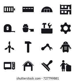 16 vector icon set : battery, bunker, hangare, modular house, measuring tape, repair tools, barn, scraper, garbage bin