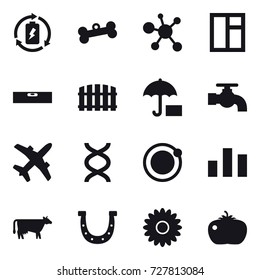 16 vector icon set : battery charge, bone, window, level, fence, water tap, cow, horseshoe, flower, tomato
