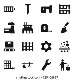 16 vector icon set : battery, nail, slum, modular house, factory, measuring tape, construction, plow, wrench, garbage bin