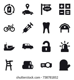 16 vector icon set : battery charge, car pointer, shop signboard, calculator, bike, barn, unlocked, alarm, Chair for babies, cook glove