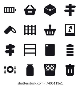 16 vector icon set : battery, remove from basket, box, singlepost, photo, signpost, rack, cutting board, trash bin